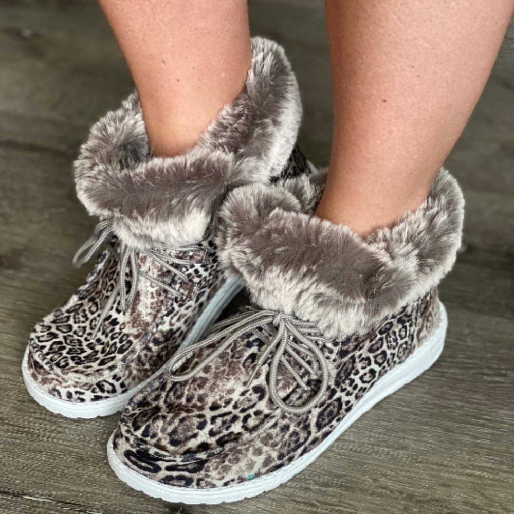 Fur Leopard Lace Up Moccasin Slipper Shoes by Gypsy Jazz